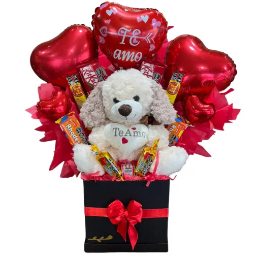 Box peluche perro corazon te amo y chocolates